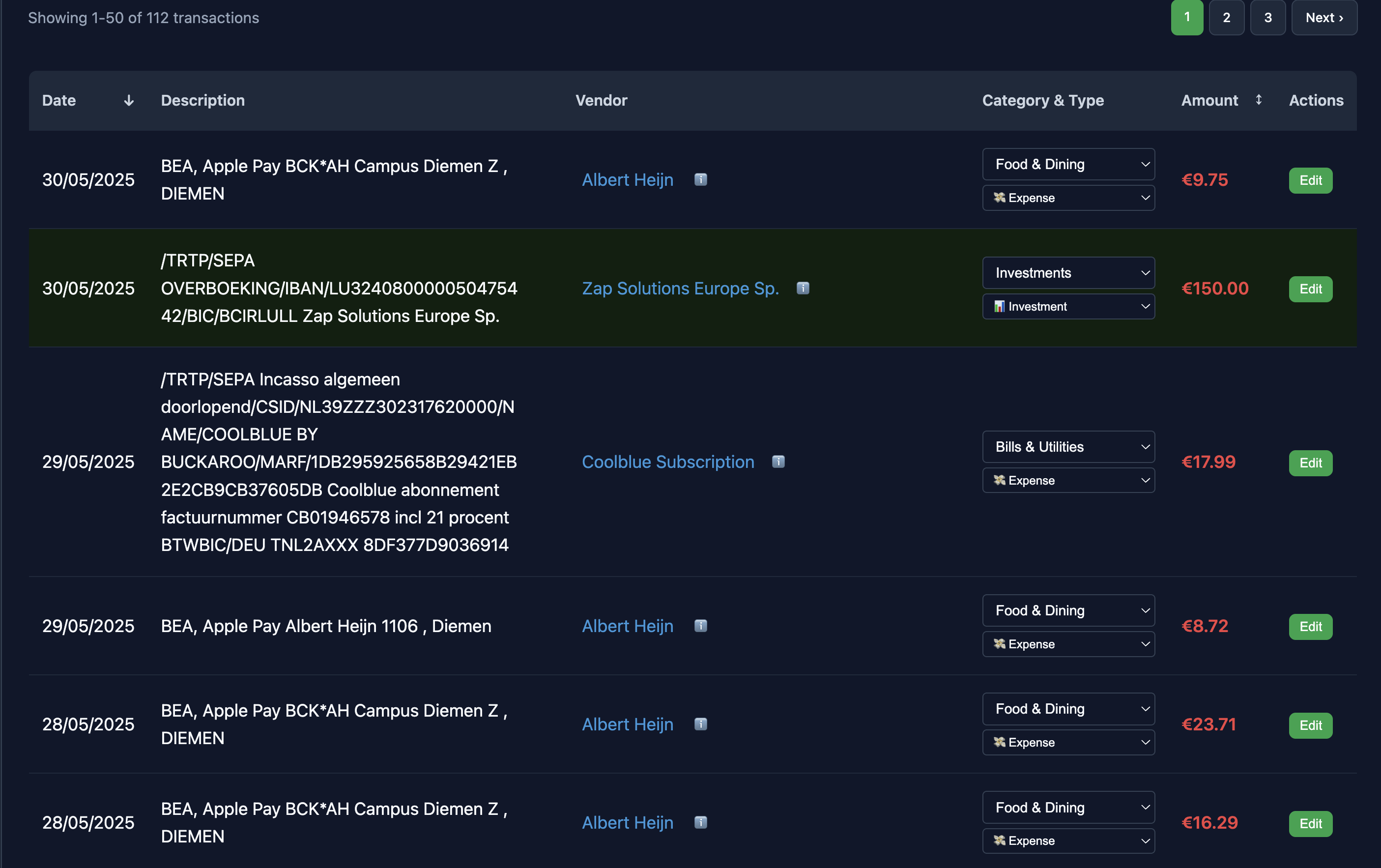 Fern Finance Transaction List
